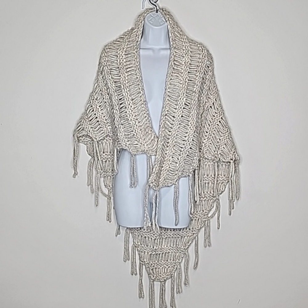 KNIT Ivory Fringe Bohemian Wrap Small Shawl